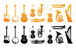© Morozov Alexey - Set Icons of Orchestral Musical Instruments in Golden and Black Color. Vector Illustrations with Silhouette of Classic, Jazz and Rock Music Instruments.