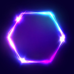 Wall Mural - neon sign. hexagon glowing light banner with blank space. electric hexagonal bright frame on dark bl