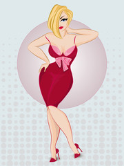 Wall Mural - Beautiful pin-up sexy woman wearing red dress. Pop art blonde girl vector with dots background