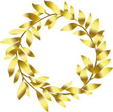  Wreath With Gold Leaves On White Background. Christmas Element. Wedding Invitation. Hand Drawn Vector Illustration.