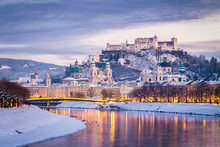 Classic View Of Salzburg At Christmas Time In Winter, Austria
