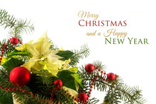 White Poinsettia, Fir Branches And Christmas Decoration, Corner Background, Text Merry Christmas And A Happy New Year