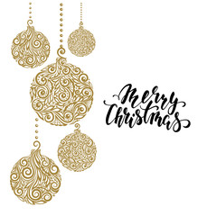 Hanging Christmas ball with a floral swirl. Hand drawn calligraphy Merry Christmas lettering.