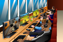 Young People Playing Games on an Internet Cafe