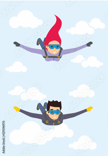 Fotografie, Obraz Skydiver man and woman flying in the blue sky