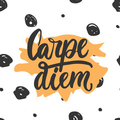 Wall Mural - Carpe diem - hand drawn lettering phrase means seize the day isolated on the polka dot background. Fun brush ink inscription for photo overlays, greeting card or t-shirt print, poster design