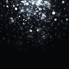 Vector Silver Glowing Light Glitter Background. Christmas White Magic Lights Background. Star Burst With Sparkles On Black Background