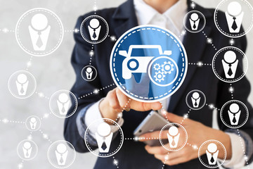 Wall Mural - businessman clicks on icon of car with gears in a hexagon on a virtual screen. Businesswoman touched automobile button with gearwheel. Service, support, mobile payment, concept, pinion, cogwheel, auto