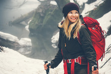 Happy Smiling Woman Traveler Hiking Travel Lifestyle Concept Active Vacations Outdoor Snow Forest On Background