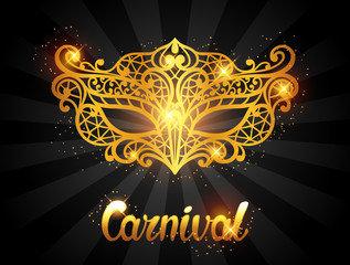 Wall Mural - Carnival invitation card with golden lace mask. Celebration party background