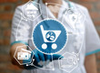 Doctor presses medical trolley cart icon with pil capsule on virtual screen on background of medical medicine shopping sign. Nurse touched card button with medicines drug. Health care treatment.
