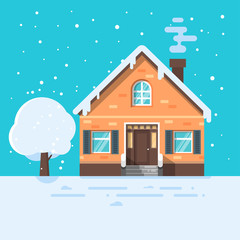 Vector flat style illustration of winter house with tree.