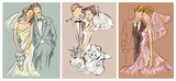 Fototapeta Młodzieżowe - Wedding couples, bride and groom sketch set invitation vector illustration