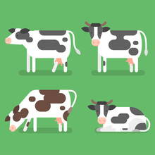 Vector Flat Style Set Of Cow. Isolated On Green Background.