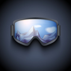 Wall Mural - Poster of Winter goggles with big glass and reflecting the snowy mountains. Ski and snowboard sport and recreational. Vector isolated on dark background