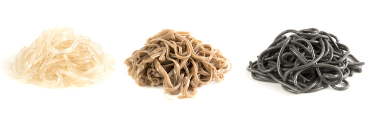 three assorted noodles isolated on white background