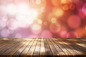 Abstract Light Bokeh Background with wood table top