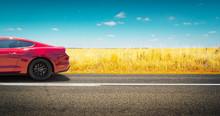 Sport Car .parked On Road Side With Field Of Golden Wheat Background .