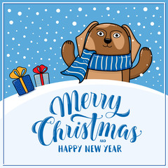 Wall Mural - Merry Christmas and Happy New Year greeting card with happy dog, gifts, snow hills and lettering, cartoon vector illustration. Christmas and New Year card, invitation, poster, banner design with a dog