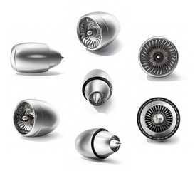 Wall Mural - 3d rendering turbines set, jet engine set isolated on white background. technology aircraft, engine 