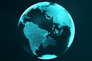 Wall Mural - 3d rendering digital Earth hologram concept. Technology image of globe blue futuristic color with light rays.