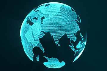 Poster - 3d rendering digital Earth hologram concept. Technology image of globe blue futuristic color with light rays.