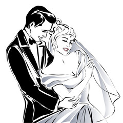 Wall Mural - Wedding couple, happy bride and groom sketch invitation vector illustration