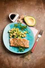 Poster - grilled salmon with sesame seed soy sauce and avocado salad