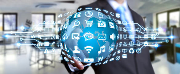 Poster - Businessman using digital world with web icons