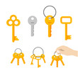 Keys vector icon set isolated on white background, flat cartoon style modern silver and classic vintage golden old retro door keys bunch hanging on ring, hand holding keychain