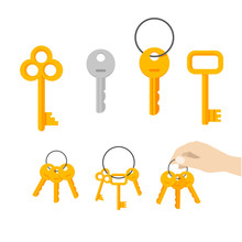 Keys Vector Icon Set Isolated On White Background, Flat Cartoon Style Modern Silver And Classic Vintage Golden Old Retro Door Keys Bunch Hanging On Ring, Hand Holding Keychain