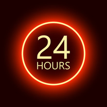24 Hours Open Sign, Red Neon Billboard Vector Illustration