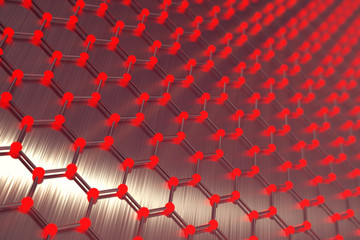 Poster - 3d rendering red abstract nanotechnology hexagonal geometric form close-up, concept graphene atomic structure, concept graphene molecular structure.