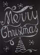 Merry Christmas hand drawn lettering with chalk on blackboard. Elegant unique design with snowflakes and Christmas tree