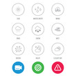 © tanyastock - Weather, sun and rain icons. Moon night, clouds and mist linear signs. Wind, cloudy day and water drops flat line icons. Video cam, hazard attention and internet globe icons. Vector