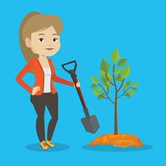 Sticker - Woman plants tree vector illustration.