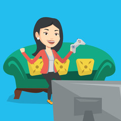 Sticker - Woman playing video game vector illustration.