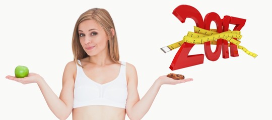 Poster - Composite image of portrait of young woman holding apple and coo