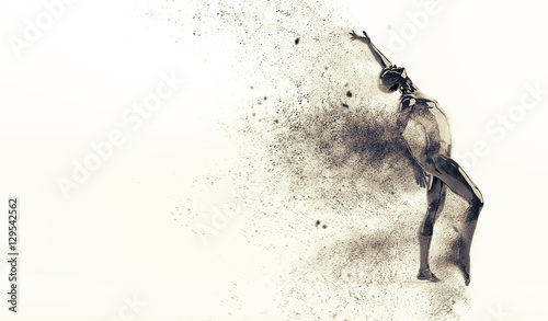 abstract-black-plastic-human-body-mannequin-figure-with-scattering-particles-over-white-background-action-dance-pose-3d-rendering-illustration