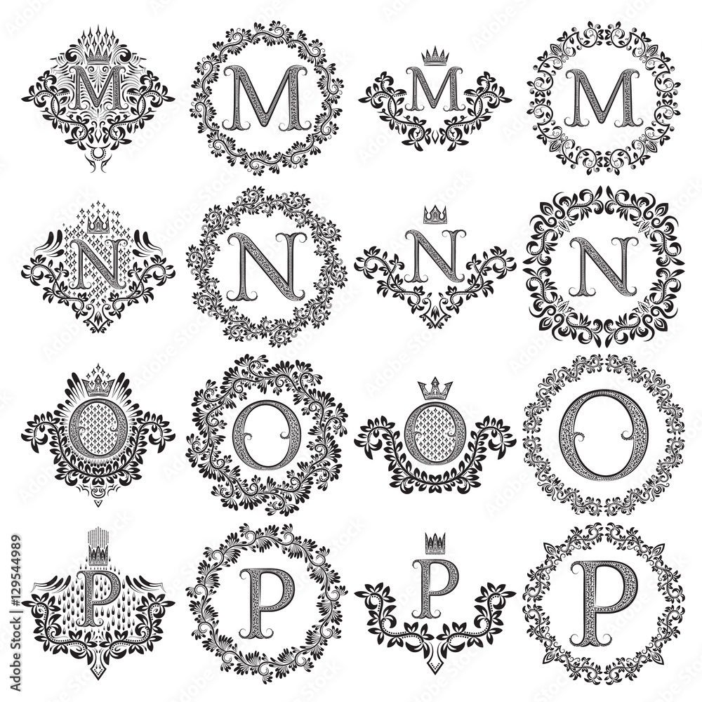 Vintage monograms set of letters M, N, O, P. Heraldic coats of arms ...