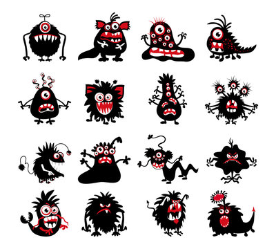 Halloween black monster silhouettes. Bacteria and beast, alien devil, ghosts or demon vector illustration
