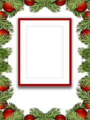 Wall Mural - Blank red picture frame on white background enclosed by red Christmas ornaments and leaves