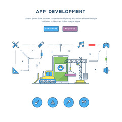 Wall Mural - app development. flat line business website banner template. modern thin line icons. illustration co