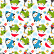 Seamless pattern of penguins in different situations. Background with new year and Christmas cartoon penguins. Vector illustration