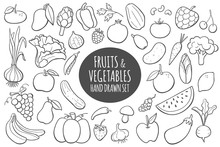 Fruits And Vegetables Doodle Set. Hand Drawn Vector Illustration.