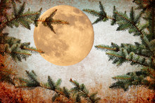 Shining Full Moon And Christmas Tree. Merry Christmas. Holidays Magic Night .Moonlight. Old Paper Texture Background 