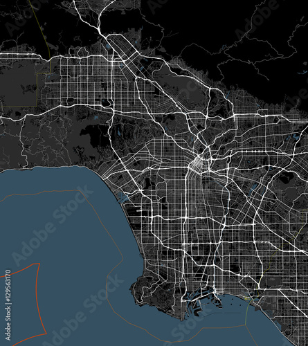 Cuadros en Lienzo Black and white map of Los Angeles city. California Roads