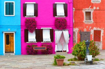 Wall Mural - Venice, Burano: the small yard with bright walls of houses