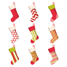 Christmas Stocking Set Isolated On White Background. Holiday Santa Claus Winter Socks For Gifts. Cartoon Decorated Present Sock. Vector.
