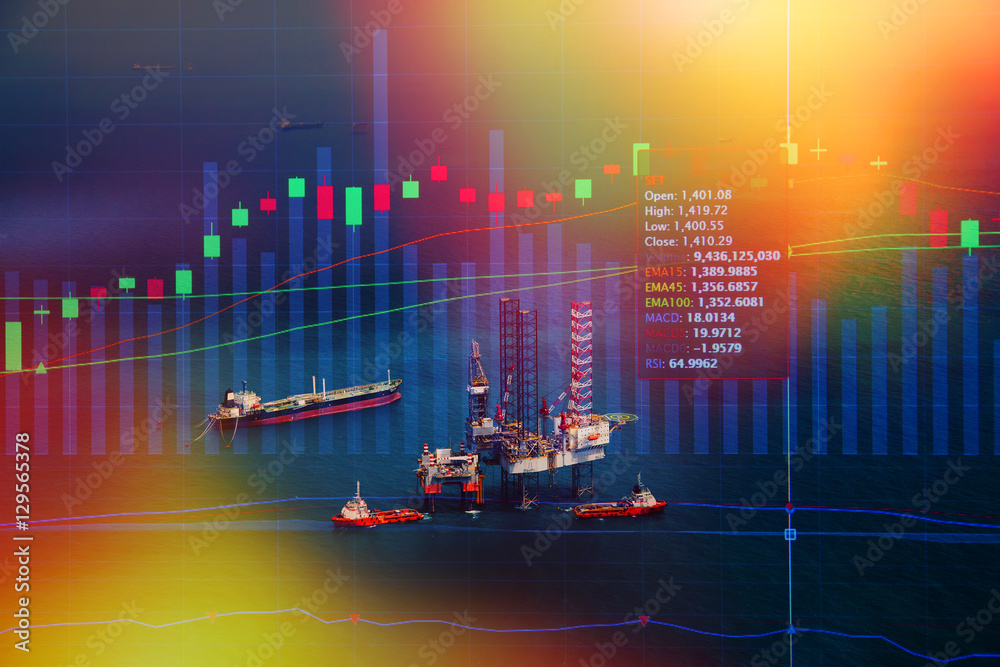 Stock market concept with oil rig in the gulf background,Double ...